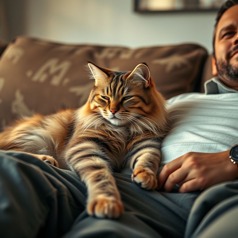 Gato Maine Coon descansando pacificamente ao lado dos pés de um homem em um sofá.