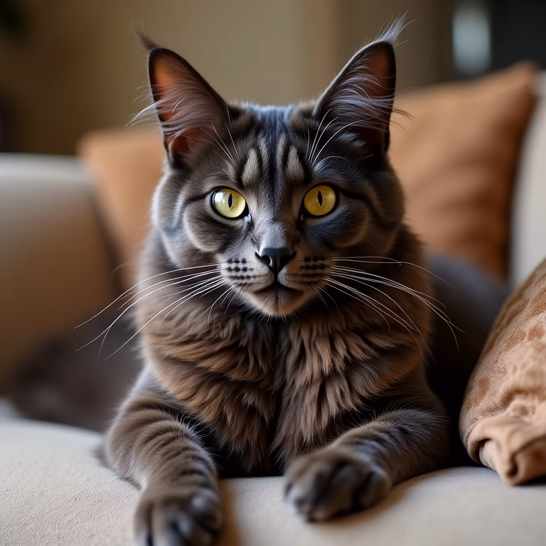 Gato Maine Coon gigante e gentil deitado em um sofá aconchegante.