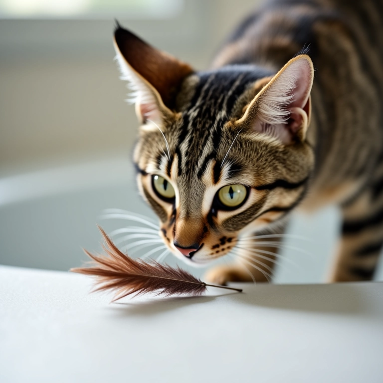 Gato malhado concentrado, caçando um brinquedo de pena perto da banheira.