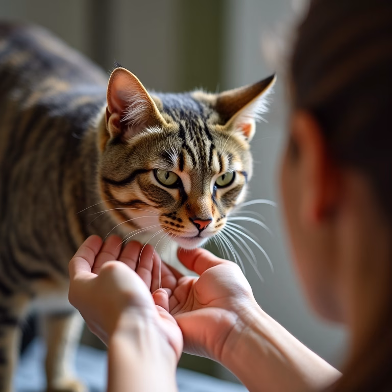 Gato malhado ignora carinho, mostrando possível chateação.