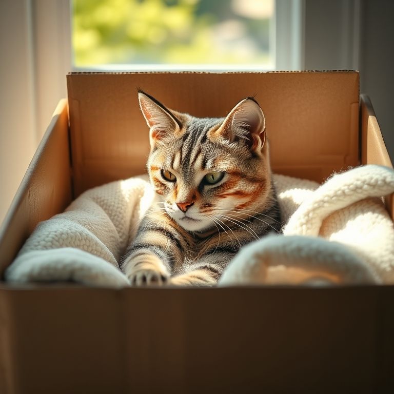 Gato malhado relaxando em caixa de papelão com manta.
