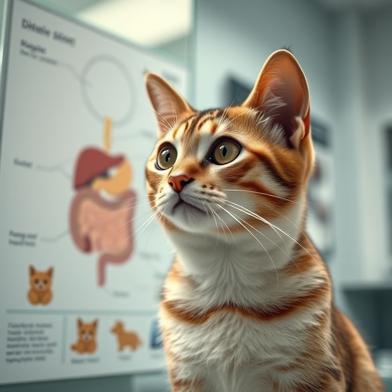 Gato olhando para diagrama do sistema digestivo felino em clínica veterinária.