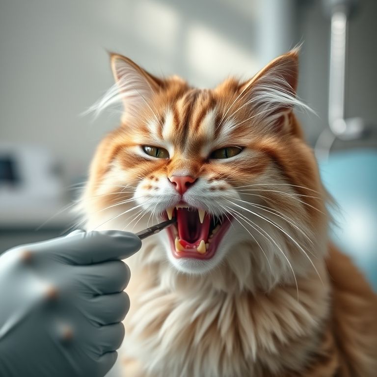 Gato persa idoso com problemas dentários sendo examinado por veterinário.