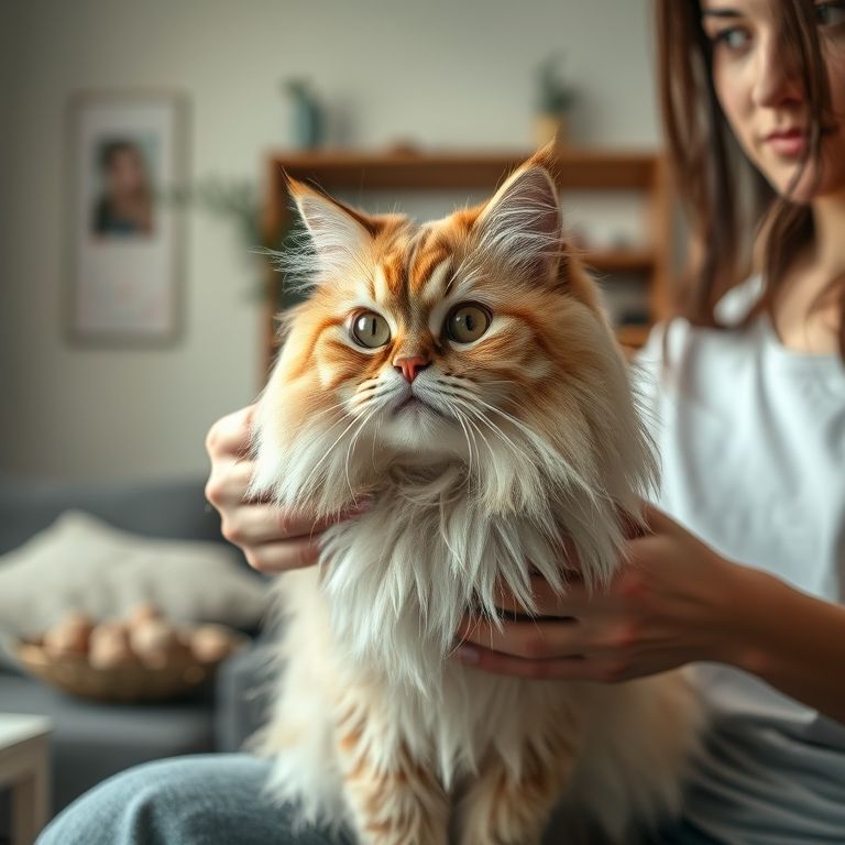Gato Persa sendo escovado por uma mulher em um apartamento aconchegante.