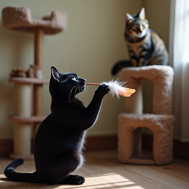 Gato preto brinca com pena enquanto outro observa do arranhador.