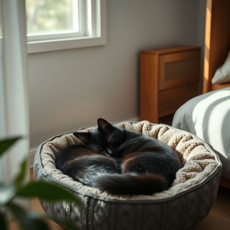Gato preto dormindo em caminha aconchegante, canto tranquilo da casa.