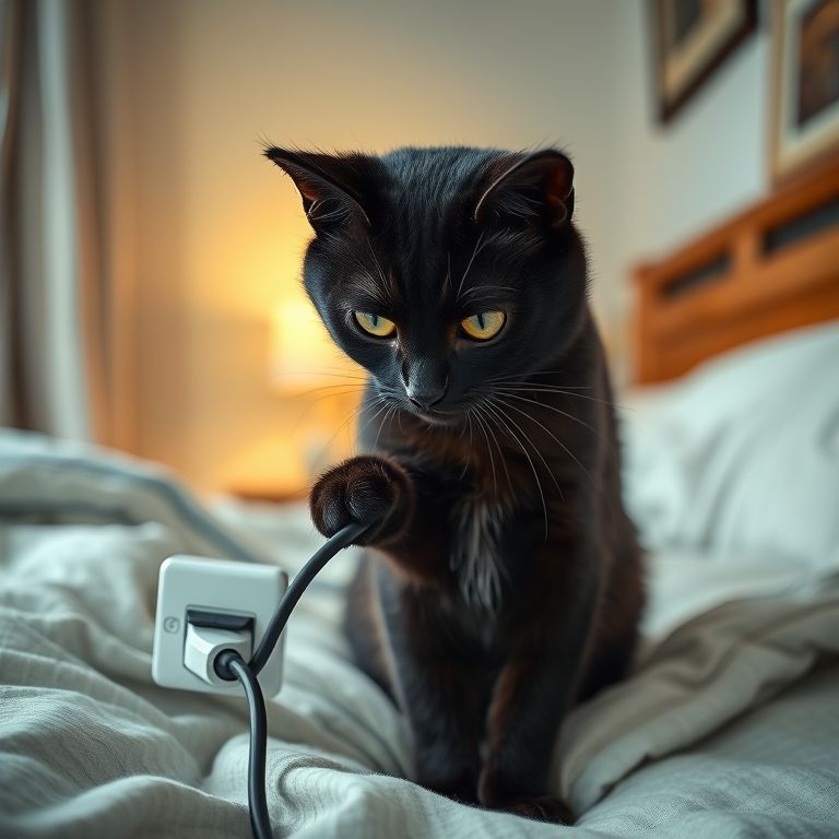 Gato preto inspecionando cabo elétrico coberto.