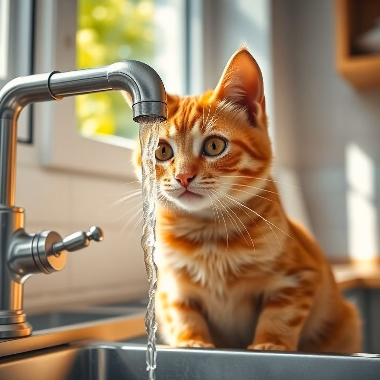 Gato ruivo bebendo água da torneira na cozinha ensolarada.