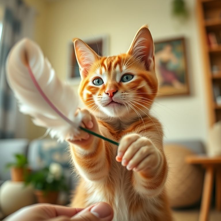 Gato ruivo brincalhão atacando pena, mão humana (fora de foco).