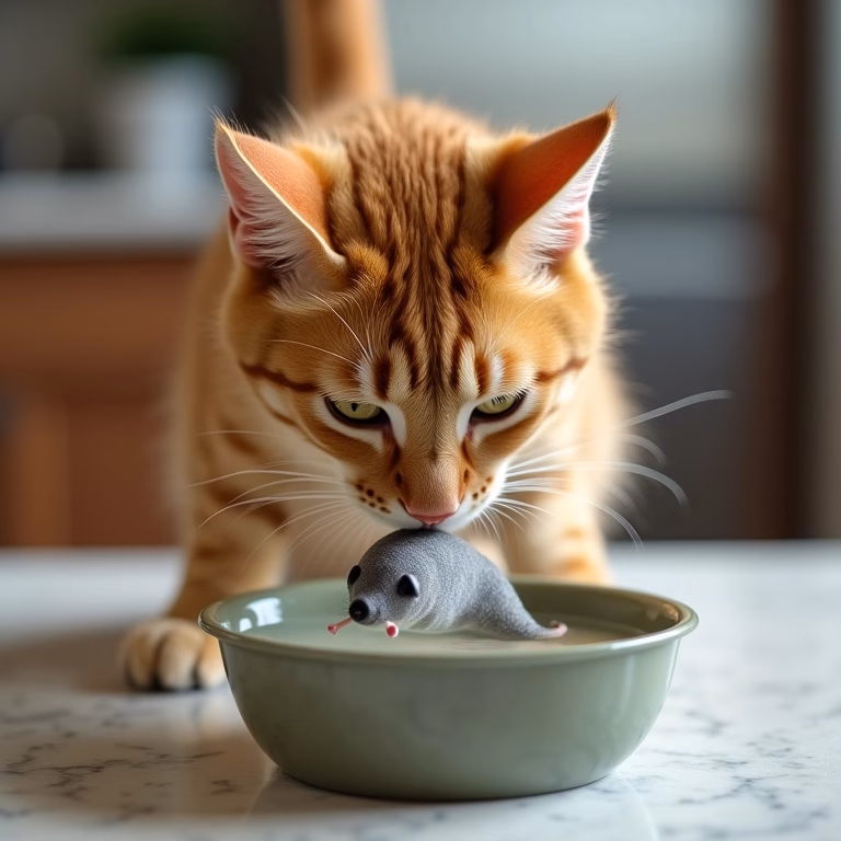 Gato ruivo brincando com um rato de brinquedo na água.