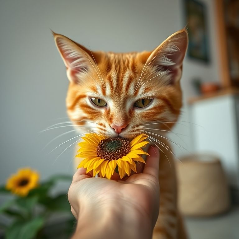 Gato ruivo cheirando semente de girassol na mão de humano.