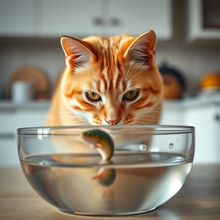 Gato ruivo colocando rato de brinquedo na água.