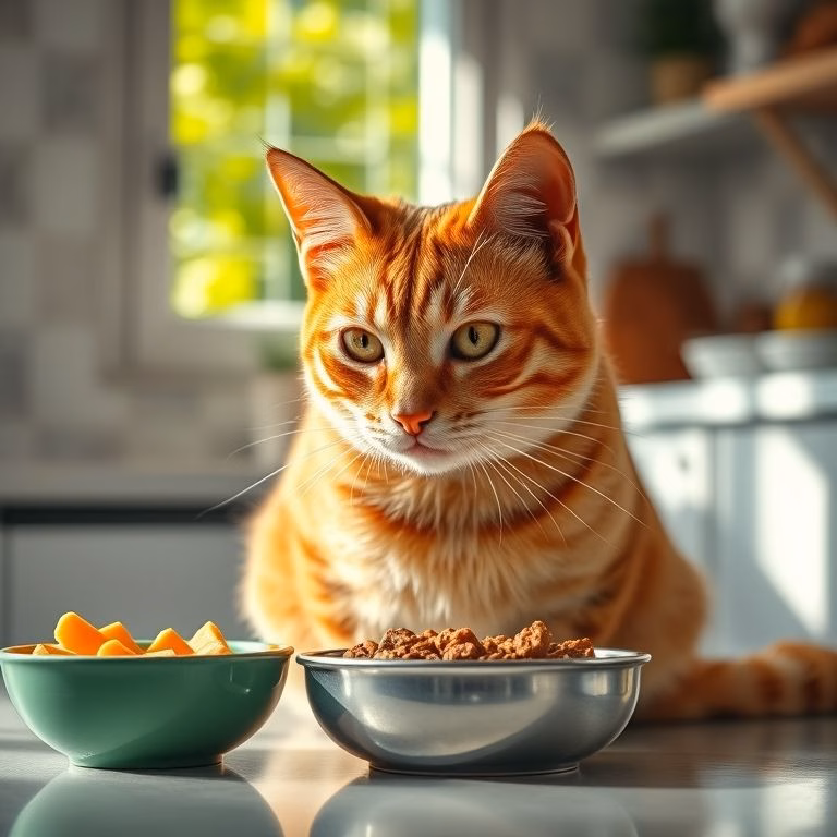 Gato ruivo come ração especial. Alimentação para tireoide.