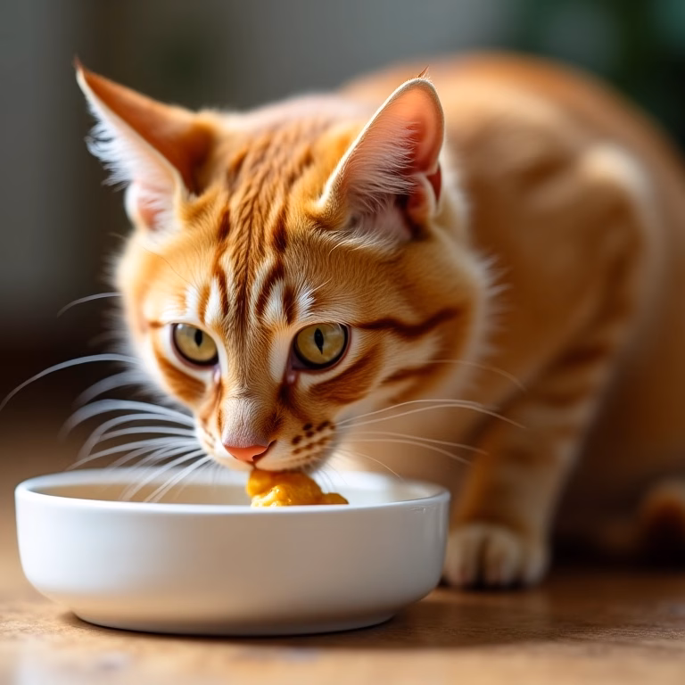 Gato ruivo come ração especial em tigela, foco seletivo na comida.