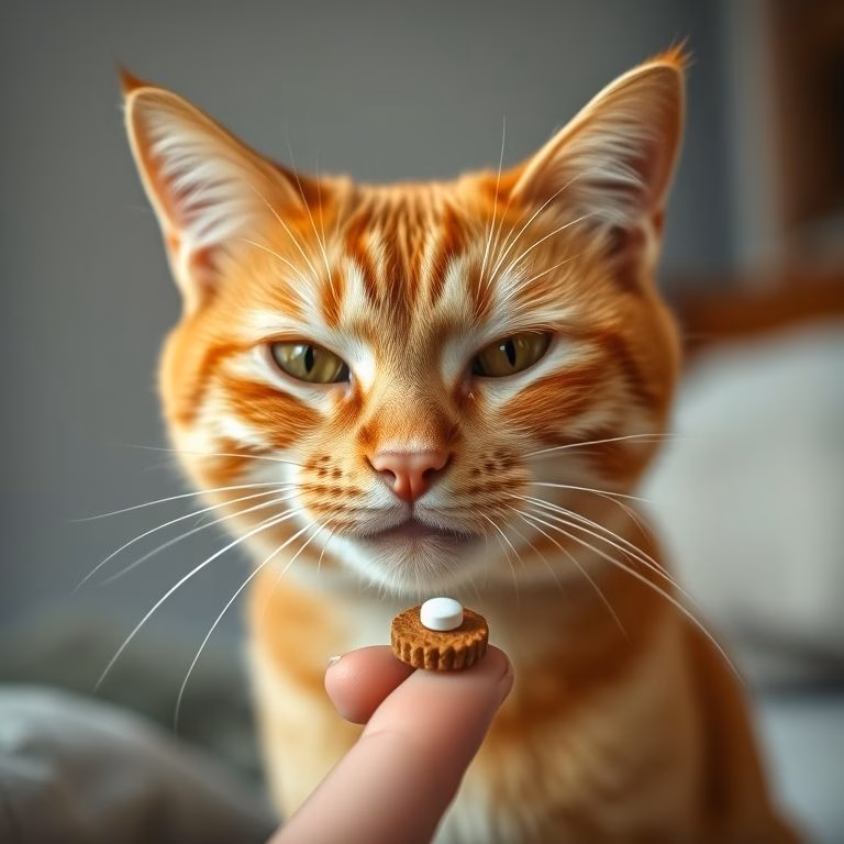Gato ruivo comendo petisco com comprimido, recebendo da mão do tutor.