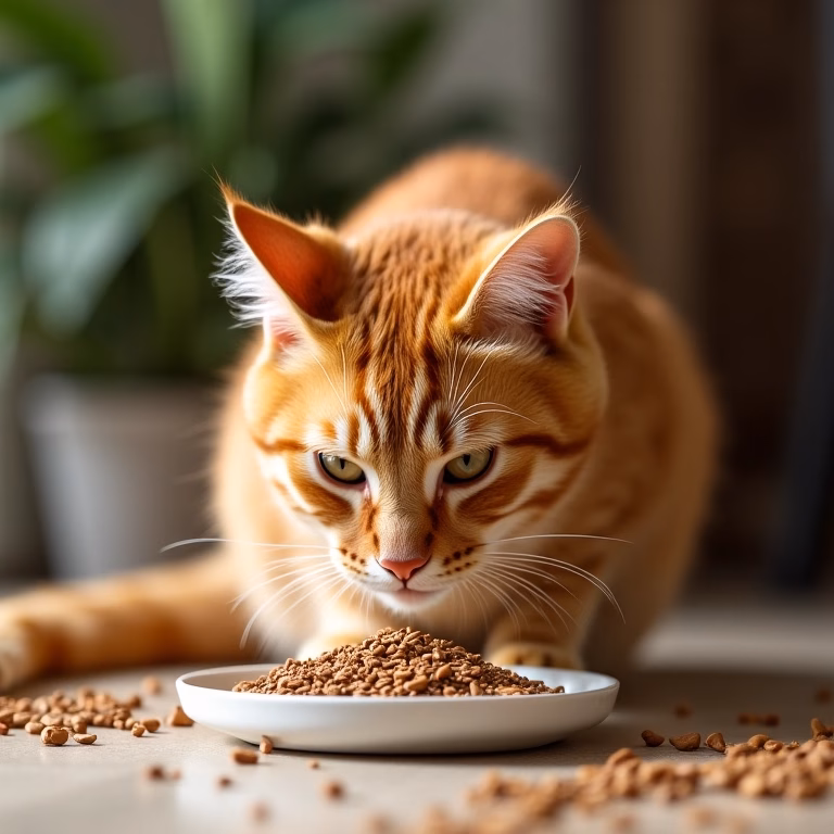 Gato ruivo comendo ração com semente de linhaça moída, close-up.
