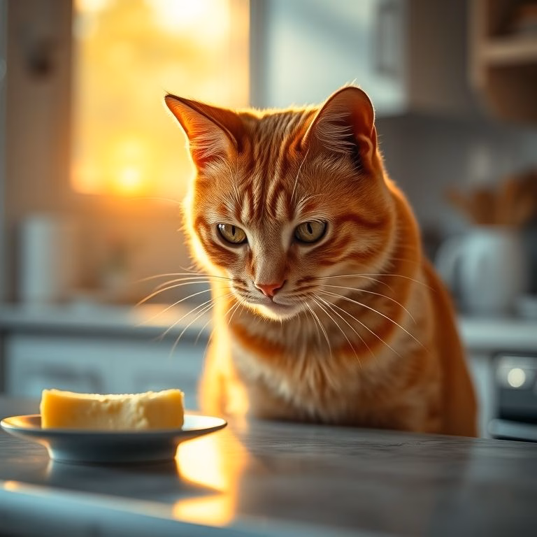 Gato ruivo encarando manteiga com olhar fixo. Perigo de pancreatite em felinos.