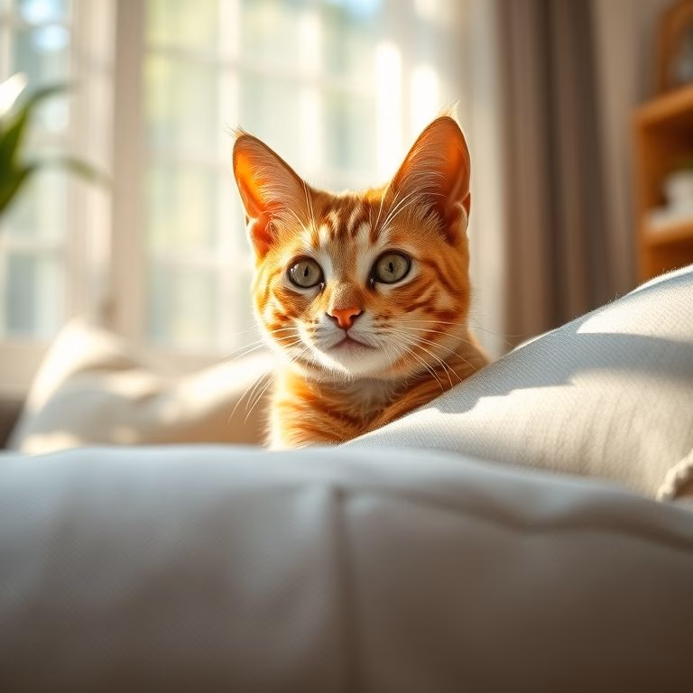 Gato ruivo espreitando atrás de almofada no sofá.