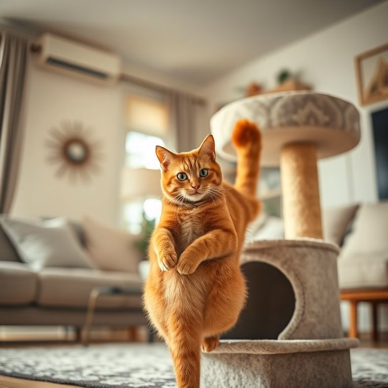 Gato ruivo explorando árvore de gato em nova casa.