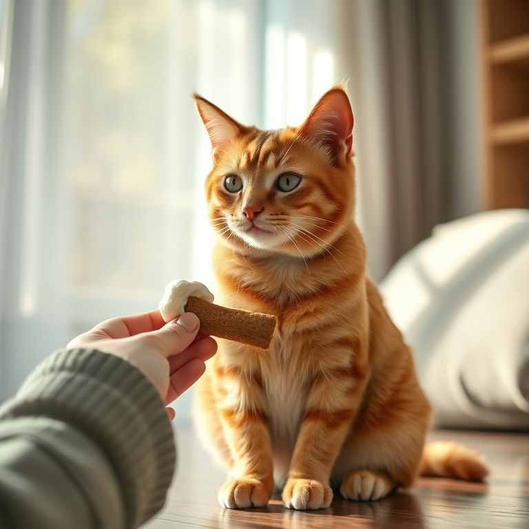 Gato ruivo fazendo o truque de 'sentar' para ganhar um petisco.
