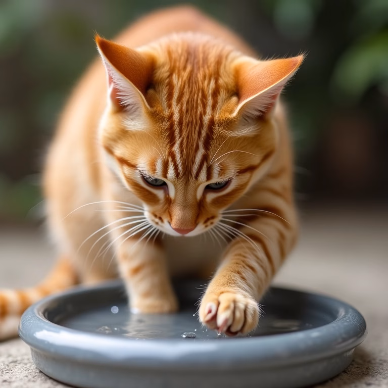 Gato ruivo molhando a pata na água
