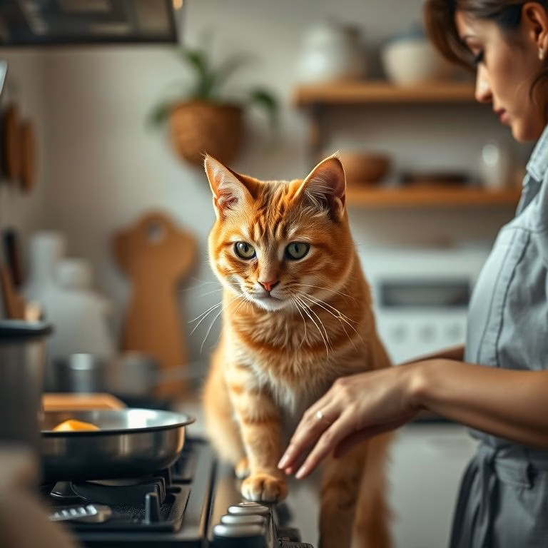 Gato ruivo observando atentamente a pessoa cozinhando na cozinha.