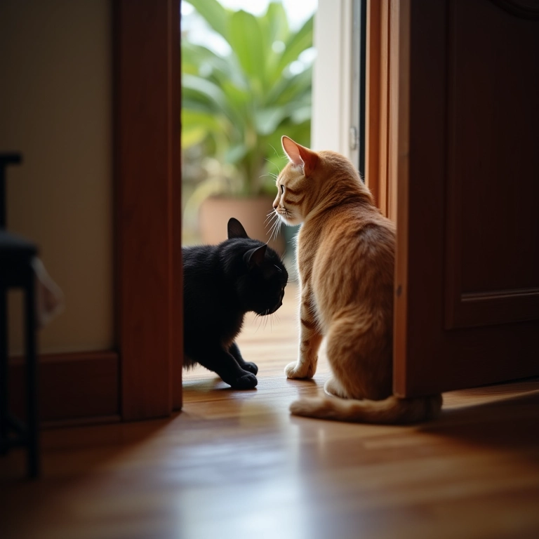 Gato ruivo observando gato preto por fresta da porta.