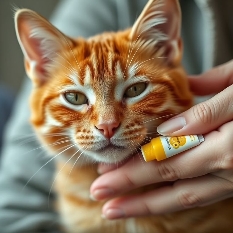 Gato ruivo recebendo pomada de calêndula para irritação na pele.
