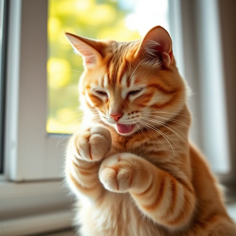 Gato ruivo se lambendo, cuidando da higiene das patas em um lar brasileiro.