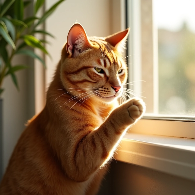 Gato ruivo se lambendo em peitoril ensolarado.