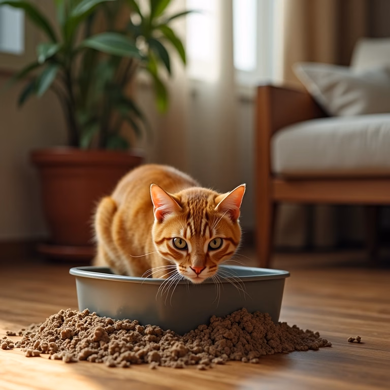 Gato ruivo tenta enterrar em caixa de areia inadequada, areia espalhada.