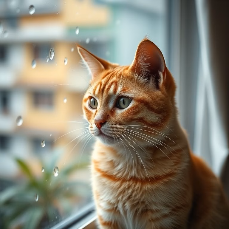 Gato ruivo triste olhando pela janela chuvosa.