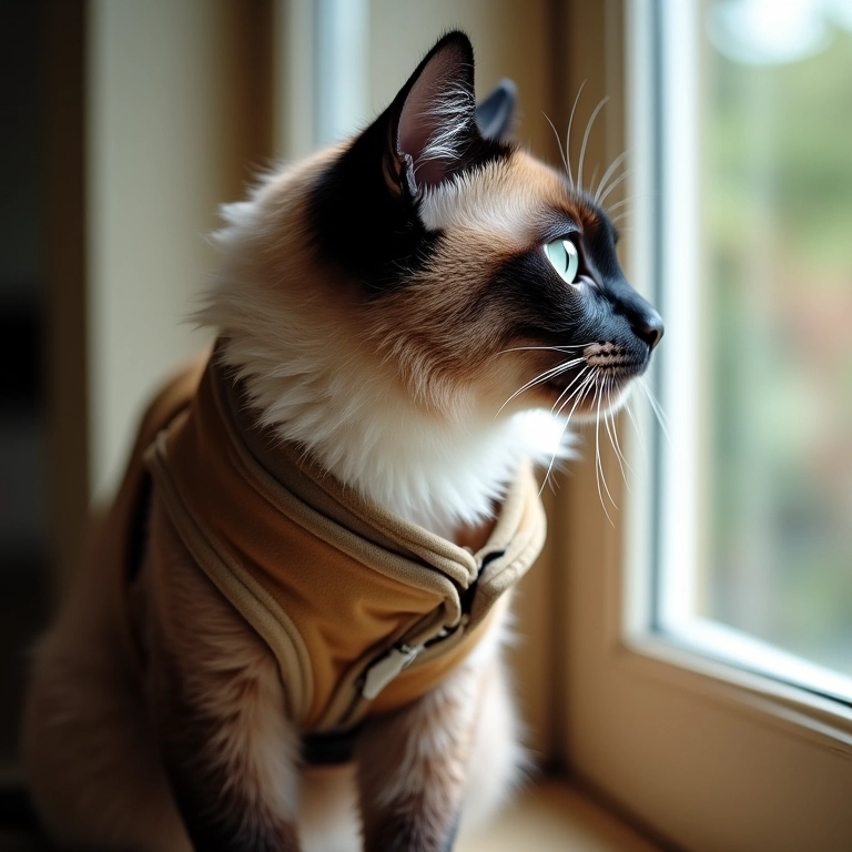 Gato siamês com colete calmante olhando a janela.