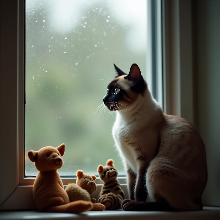 Gato siamês entediado olhando a chuva, cercado por brinquedos.