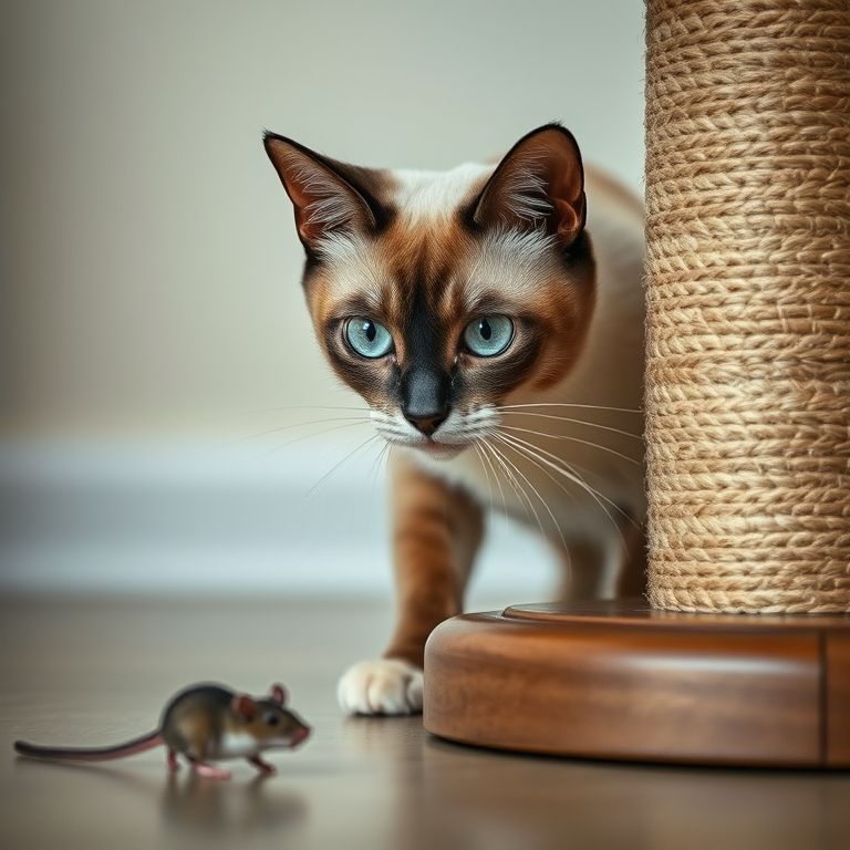 Gato siamês espreitando brinquedo.