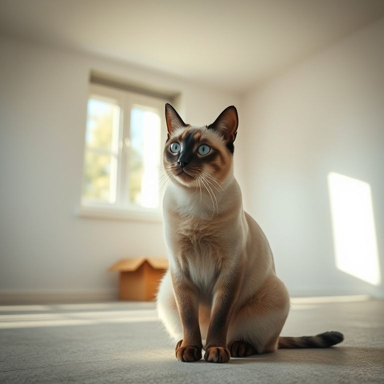 Gato siamês idoso em sala vazia, mudanças ambientais.