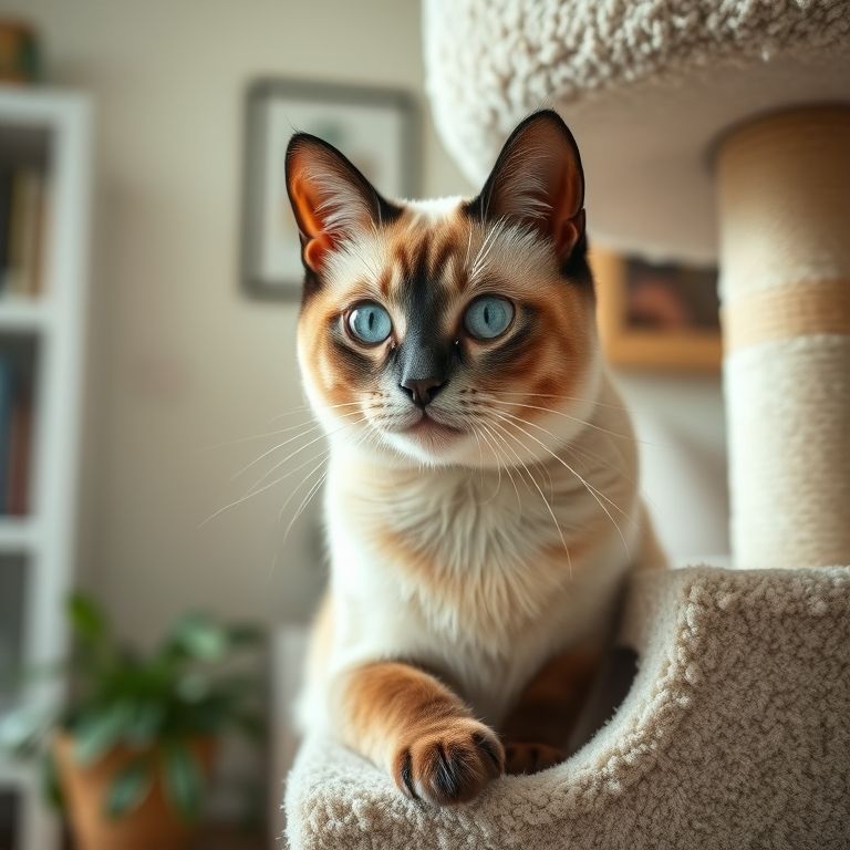 Gato siamês idoso explorando árvore para gatos nova com catnip.