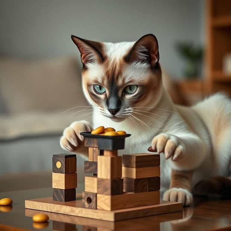 Gato siamês idoso resolvendo puzzle complexo e ganhando petiscos.