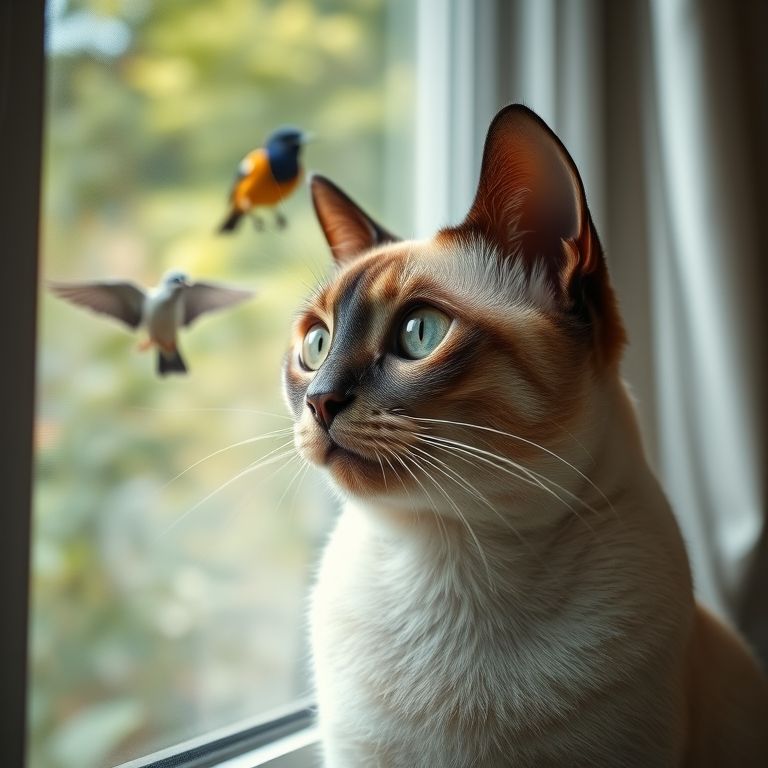 Gato Siamês observando pássaros pela janela com expressão curiosa.