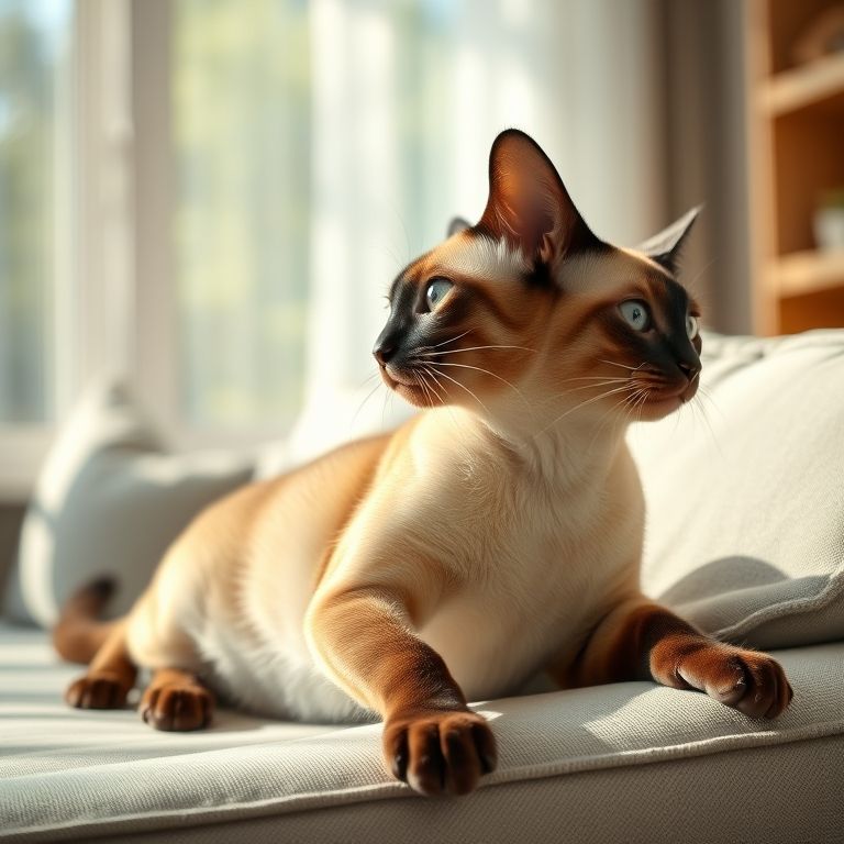 Gato Siamês se espreguiçando elegantemente em um sofá ensolarado.
