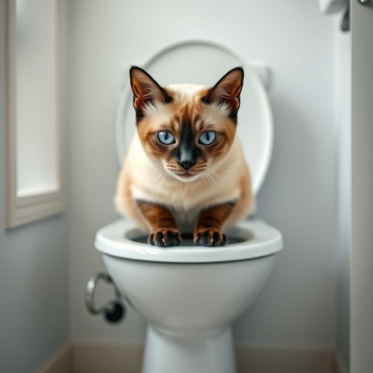 Gato siamês usando com sucesso um sanitário para gatos.