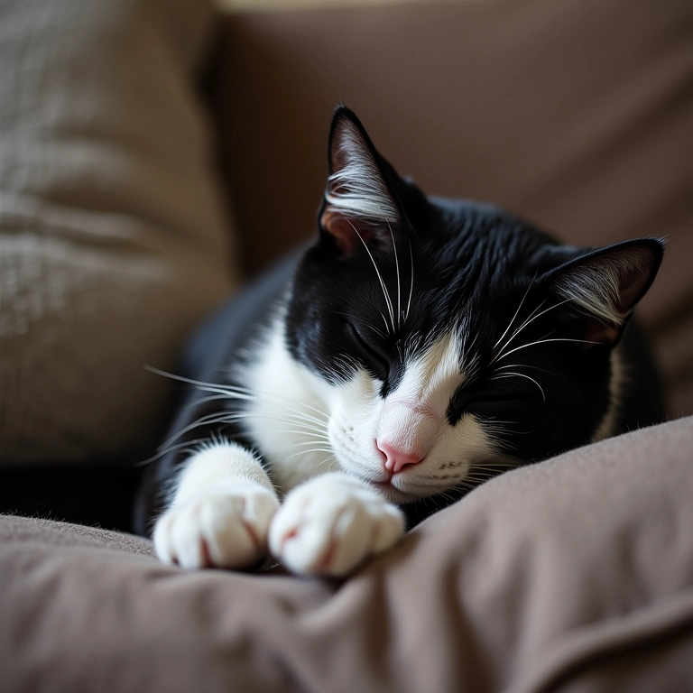 Gato SRD frajola dormindo no sofá ao lado dos pés de uma pessoa.