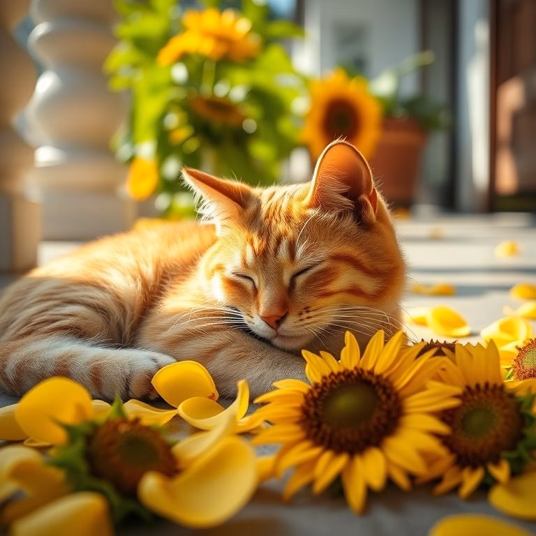 Gato tabby dourado dormindo entre pétalas de girassol.