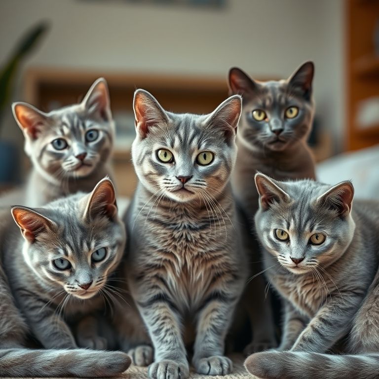 Grupo de gatos cinzas de diferentes raças e idades brincando.