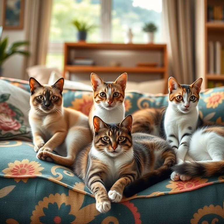Grupo diverso de gatos relaxando em um sofá colorido em uma sala de estar ensolarada.