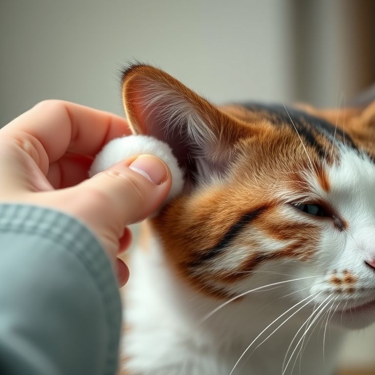 Limpeza da orelha do gato com algodão, evitando o canal auditivo.