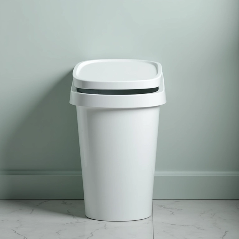 Lixeira higienizada com saco de lixo no banheiro.