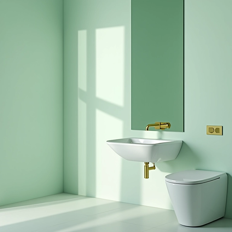 Louças e metais elegantes em um banheiro verde claro.