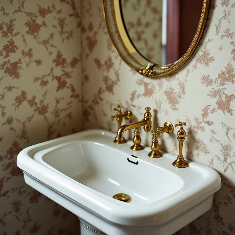 Louças e metais retrô em um banheiro antigo renovado