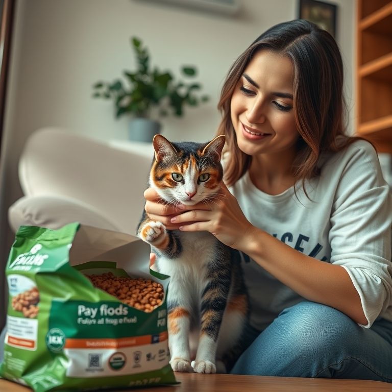 Mulher acaricia gato ao lado de saco de ração seca aberto.
